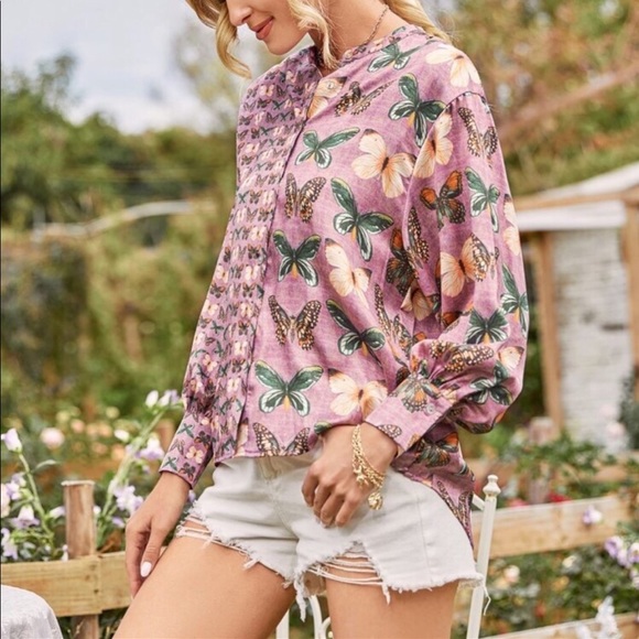 Purple Asymmetrical Butterfly Print Botton Up Blouse - Picture 3 of 8